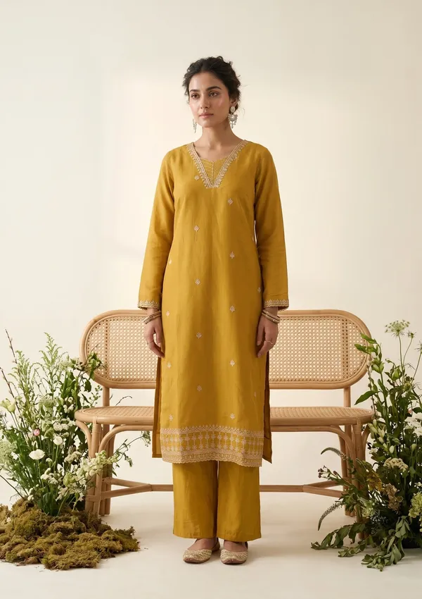 Mustard_Chanderi_Gold_Zariwork_Straight_Kurta_With_Pant_Regular_And_Dupatta