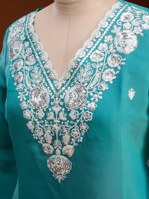 Sky_Blue_Chanderi_Threadwork_Straight_Kurta_With_Pant_Regular_And_Dupatta