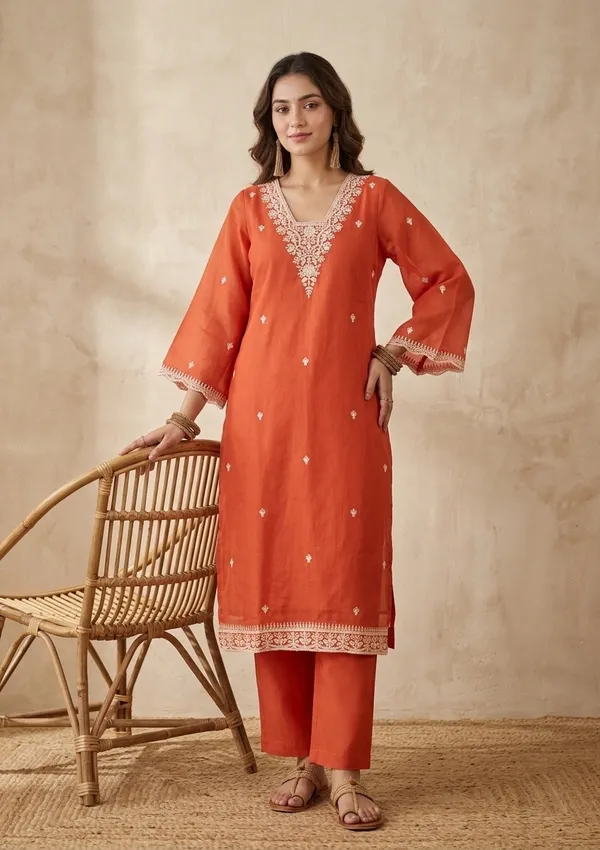Orange_Chanderi_Threadwork_Straight_Kurta_With_Pant_Regular_And_Dupatta