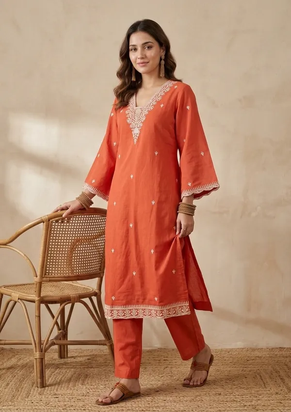 Orange_Chanderi_Threadwork_Straight_Kurta_With_Pant_Regular_And_Dupatta
