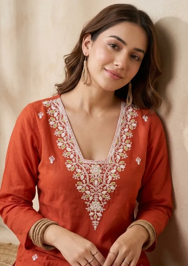 Orange_Chanderi_Threadwork_Straight_Kurta_With_Pant_Regular_And_Dupatta