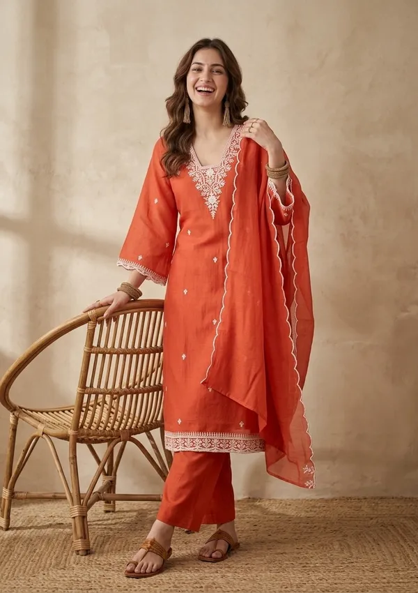 Orange_Chanderi_Threadwork_Straight_Kurta_With_Pant_Regular_And_Dupatta