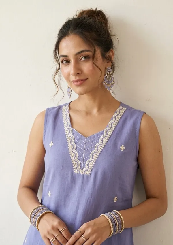 Light_Lavender_Soft_Raw_Silk_Threadwork_A_Line_Kurta_With_Pant_Regular_And_Dupatta