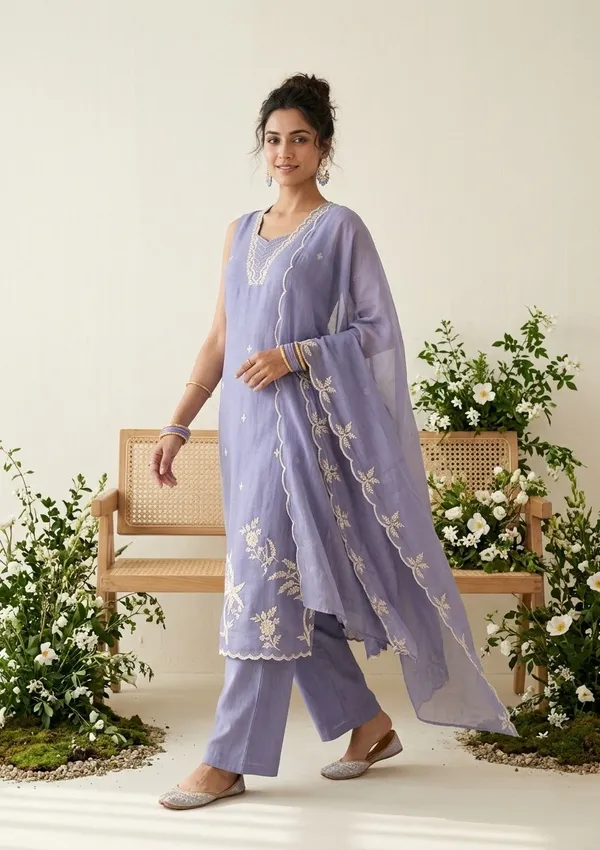 Light_Lavender_Soft_Raw_Silk_Threadwork_A_Line_Kurta_With_Pant_Regular_And_Dupatta