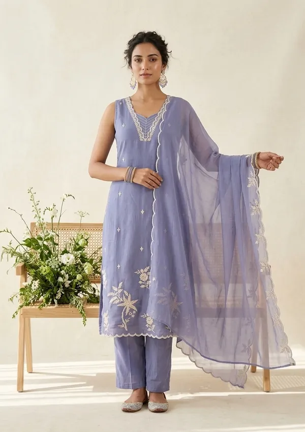 Light_Lavender_Soft_Raw_Silk_Threadwork_A_Line_Kurta_With_Pant_Regular_And_Dupatta