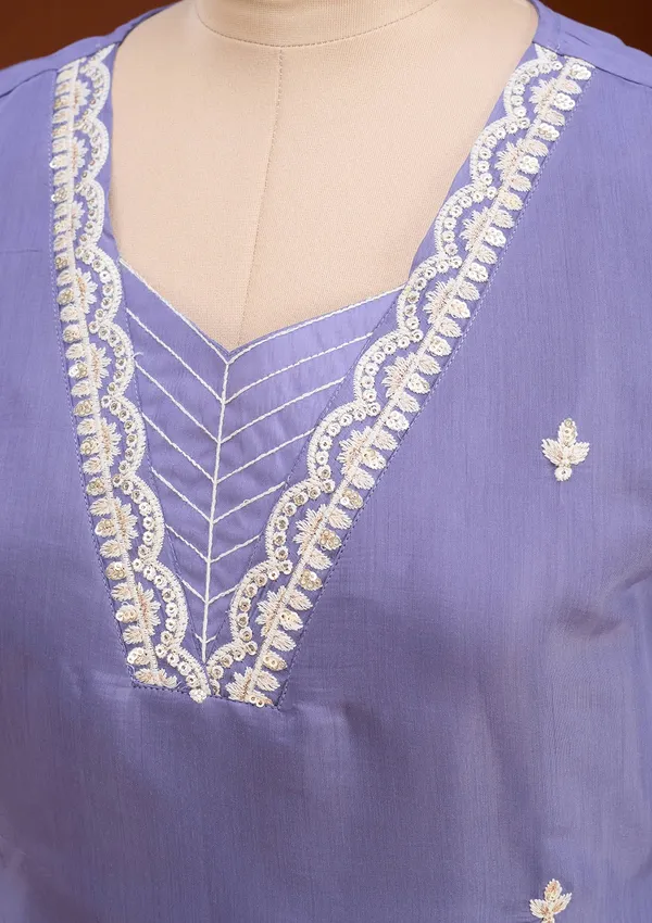 Light_Lavender_Soft_Raw_Silk_Threadwork_A_Line_Kurta_With_Pant_Regular_And_Dupatta