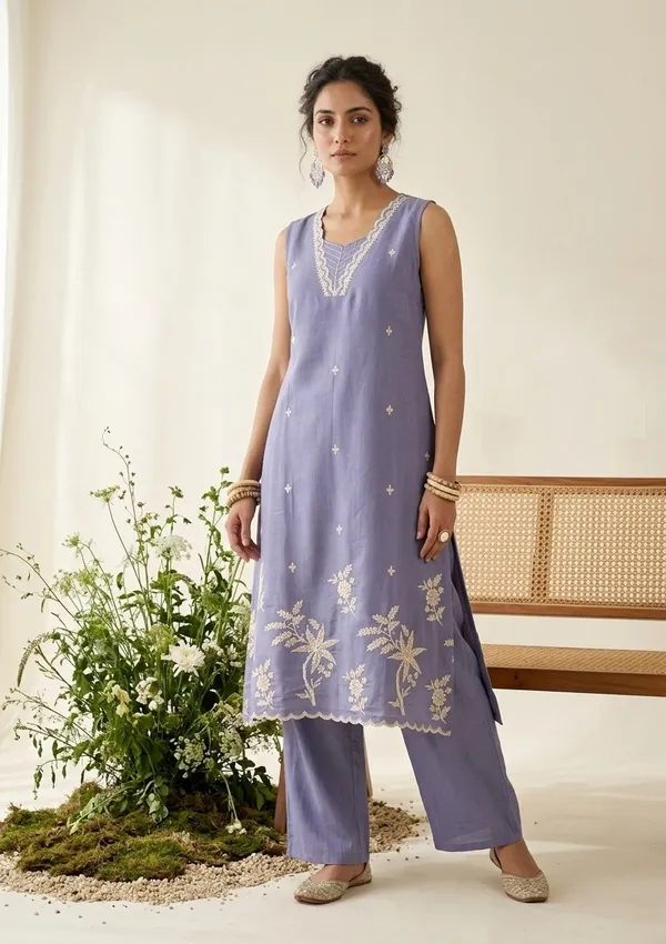 Light_Lavender_Soft_Raw_Silk_Threadwork_A_Line_Kurta_With_Pant_Regular_And_Dupatta