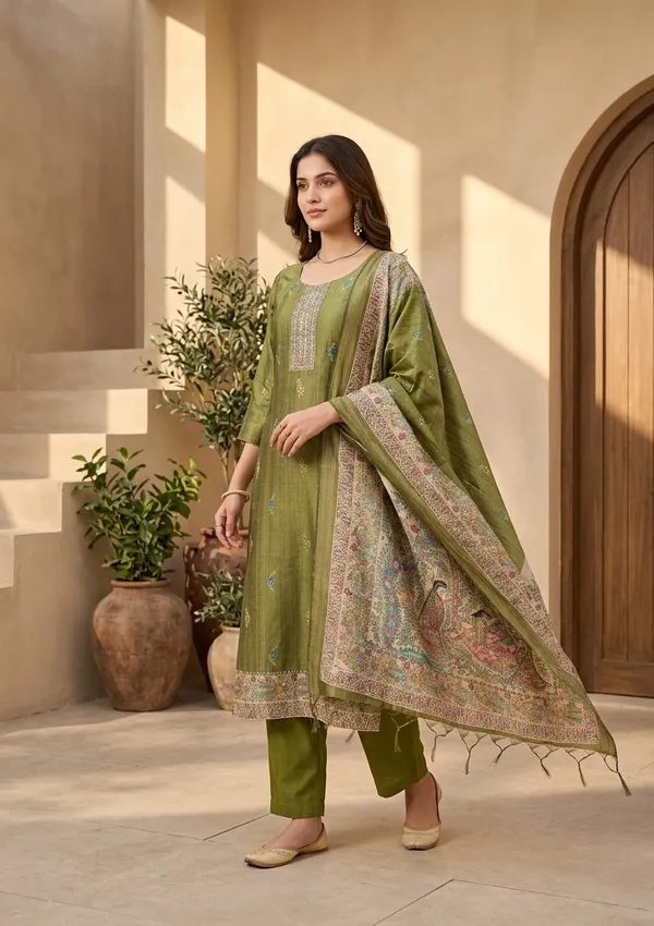 Mehendi_Raw_Silk_Floral_Stonework_Straight_Kurta_With_Pant_Regular_And_Dupatta