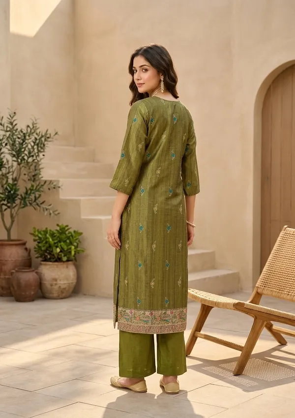 Mehendi_Raw_Silk_Floral_Stonework_Straight_Kurta_With_Pant_Regular_And_Dupatta