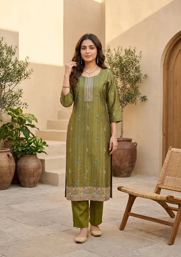 Mehendi_Raw_Silk_Floral_Stonework_Straight_Kurta_With_Pant_Regular_And_Dupatta