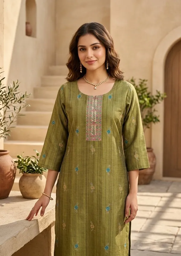 Mehendi_Raw_Silk_Floral_Stonework_Straight_Kurta_With_Pant_Regular_And_Dupatta