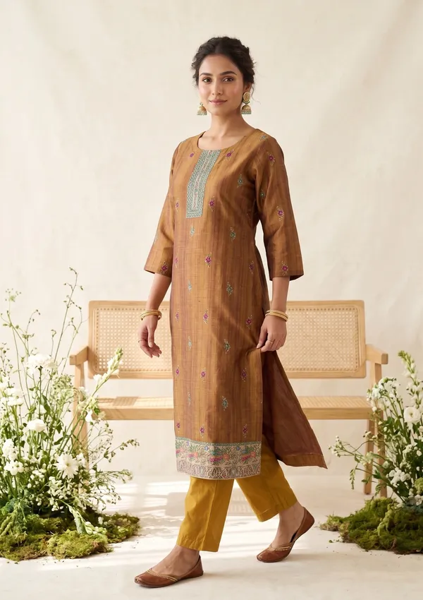 Mustard_Raw_Silk_Floral_Stonework_Straight_Kurta_With_Pant_Regular_And_Dupatta