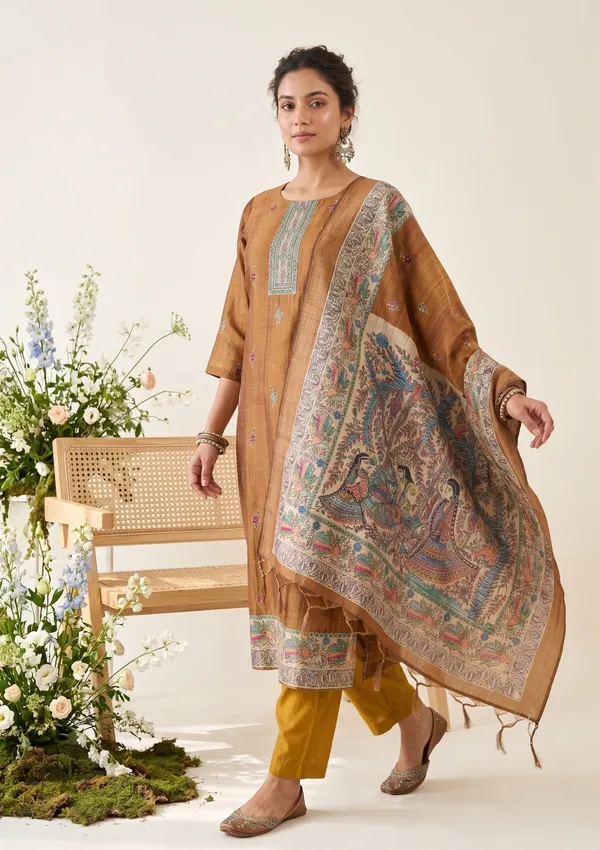 Mustard_Raw_Silk_Floral_Stonework_Straight_Kurta_With_Pant_Regular_And_Dupatta