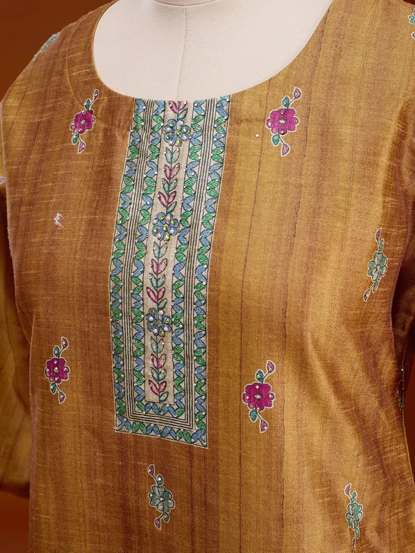 Mustard_Raw_Silk_Floral_Stonework_Straight_Kurta_With_Pant_Regular_And_Dupatta