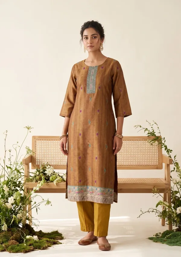 Mustard_Raw_Silk_Floral_Stonework_Straight_Kurta_With_Pant_Regular_And_Dupatta