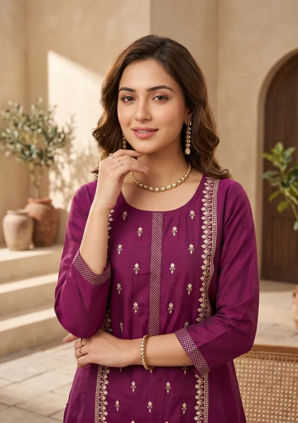 Magenta_Pink_Art_Silk_Threadwork_A_Line_Kurta_With_Pant_Regular_And_Dupatta