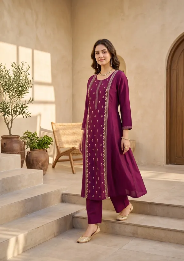 Magenta_Pink_Art_Silk_Threadwork_A_Line_Kurta_With_Pant_Regular_And_Dupatta