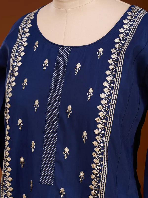 Royal_Blue_Art_Silk_Threadwork_A_Line_Kurta_With_Pant_Regular_And_Dupatta