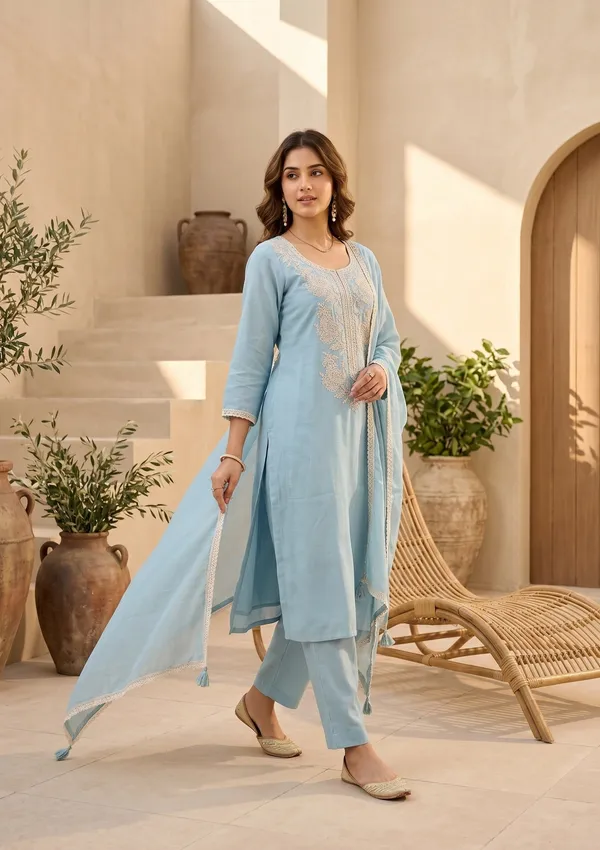 Sky_Blue_Chanderi_Threadwork_Straight_Kurta_With_Pant_Regular_And_Dupatta