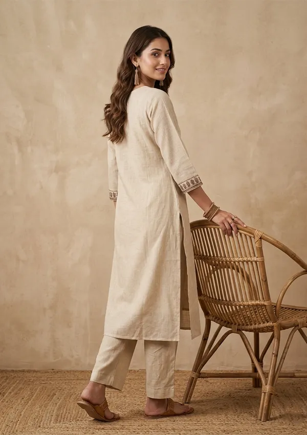 Beige_Brown_Cotton_Threadwork_Straight_Kurta_With_Pant_Regular_And_Dupatta