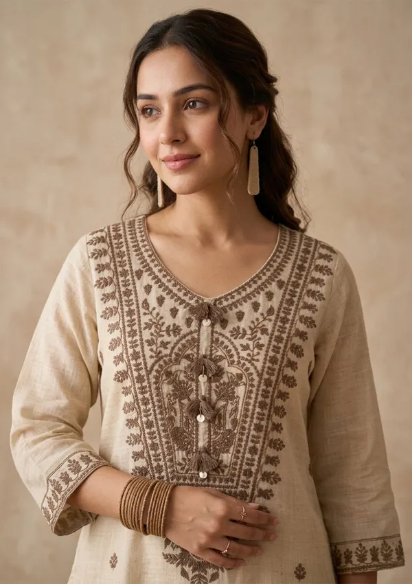 Beige_Brown_Cotton_Threadwork_Straight_Kurta_With_Pant_Regular_And_Dupatta