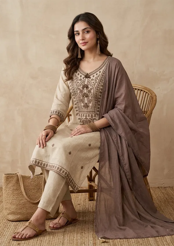 Beige_Brown_Cotton_Threadwork_Straight_Kurta_With_Pant_Regular_And_Dupatta
