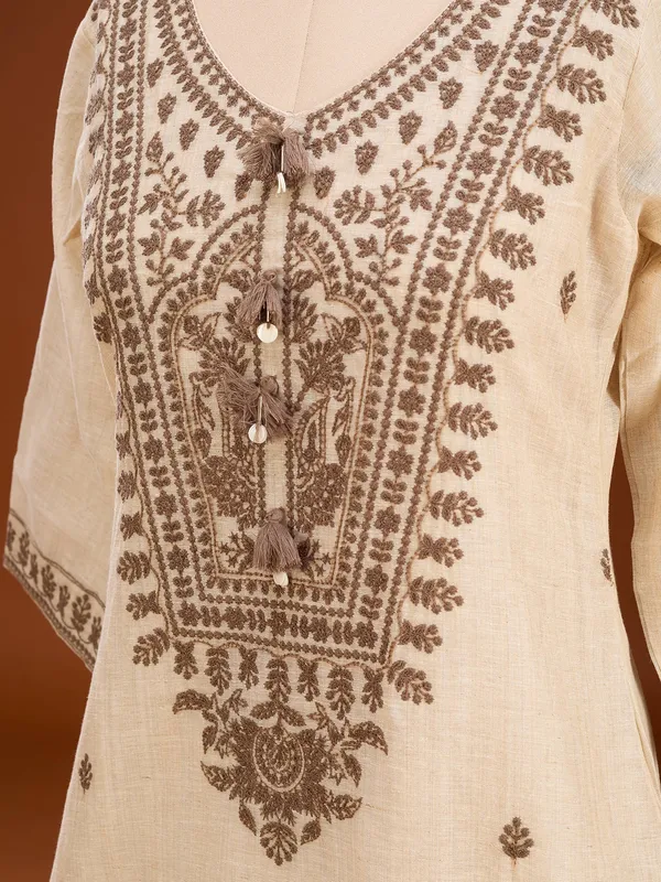 Beige_Brown_Cotton_Threadwork_Straight_Kurta_With_Pant_Regular_And_Dupatta