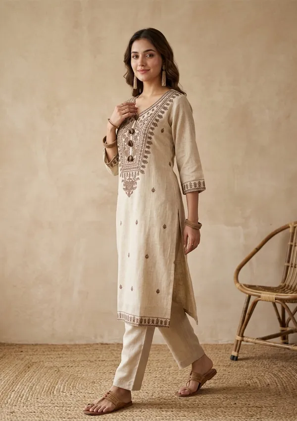 Beige_Brown_Cotton_Threadwork_Straight_Kurta_With_Pant_Regular_And_Dupatta