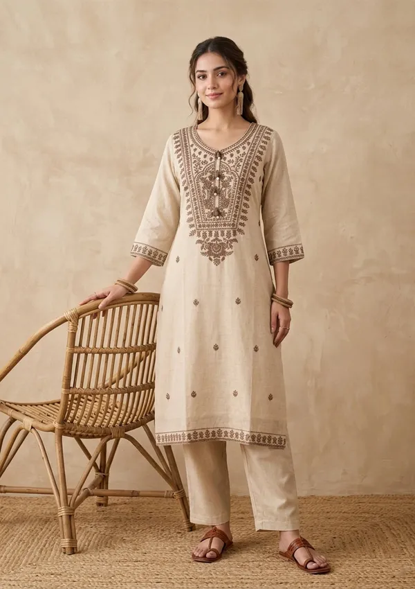 Beige_Brown_Cotton_Threadwork_Straight_Kurta_With_Pant_Regular_And_Dupatta