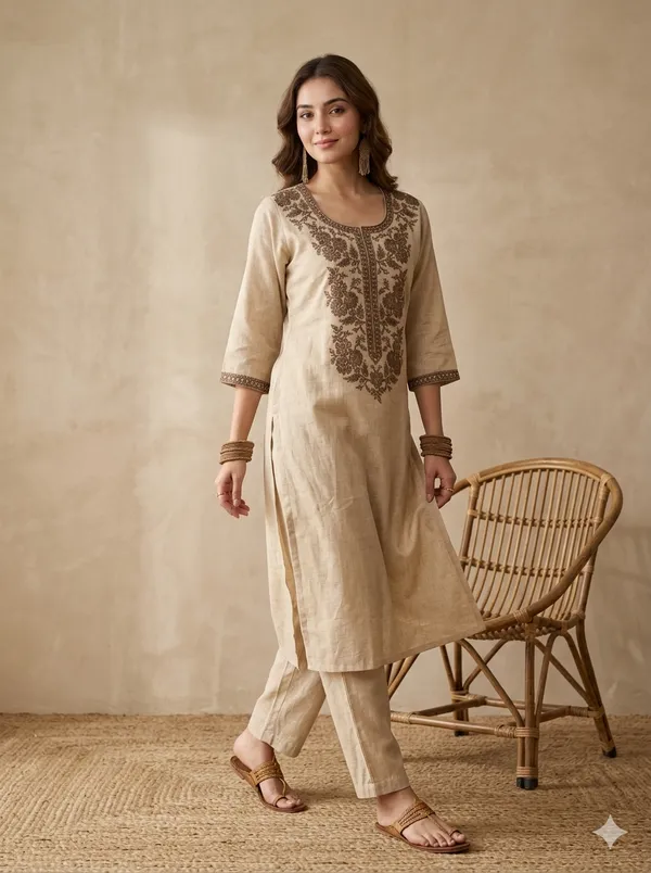 Beige_Brown_Cotton_Threadwork_Straight_Kurta_With_Pant_Regular_And_Dupatta