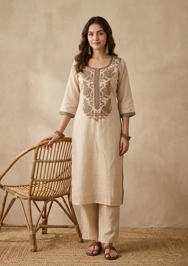 Beige_Brown_Cotton_Threadwork_Straight_Kurta_With_Pant_Regular_And_Dupatta