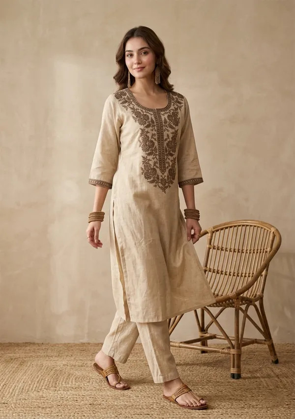 Beige_Brown_Cotton_Threadwork_Straight_Kurta_With_Pant_Regular_And_Dupatta