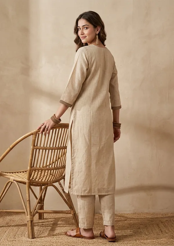 Beige_Brown_Cotton_Threadwork_Straight_Kurta_With_Pant_Regular_And_Dupatta