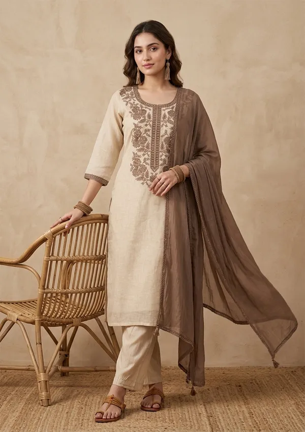 Beige_Brown_Cotton_Threadwork_Straight_Kurta_With_Pant_Regular_And_Dupatta