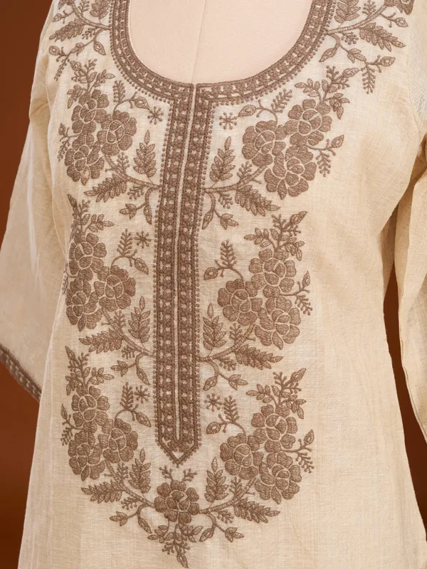 Beige_Brown_Cotton_Threadwork_Straight_Kurta_With_Pant_Regular_And_Dupatta
