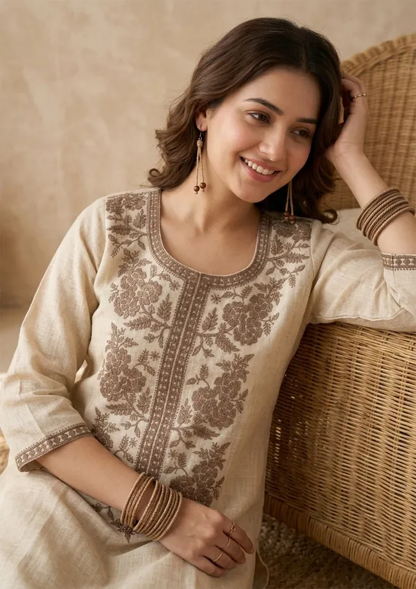 Beige_Brown_Cotton_Threadwork_Straight_Kurta_With_Pant_Regular_And_Dupatta
