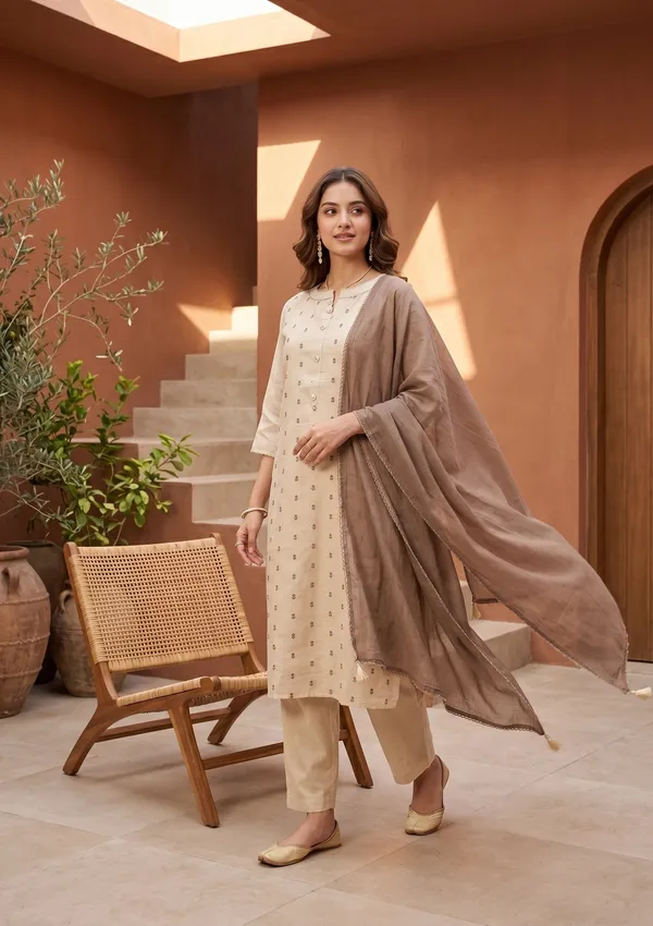 Beige_Brown_Cotton_Threadwork_Straight_Kurta_With_Pant_Regular_And_Dupatta