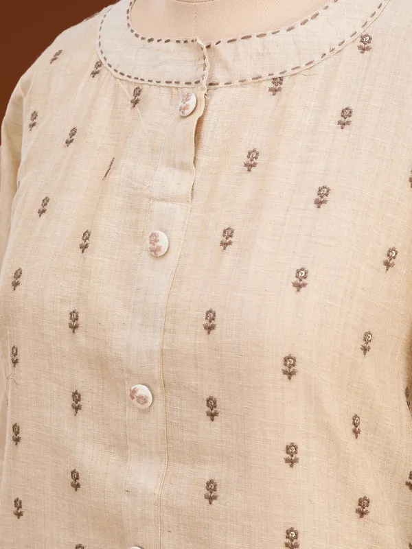 Beige_Brown_Cotton_Threadwork_Straight_Kurta_With_Pant_Regular_And_Dupatta