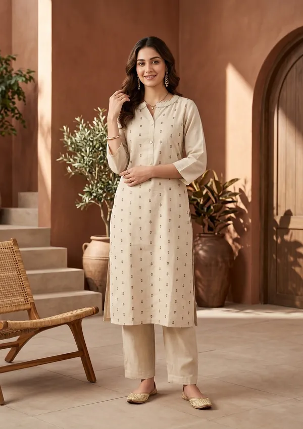 Beige_Brown_Cotton_Threadwork_Straight_Kurta_With_Pant_Regular_And_Dupatta