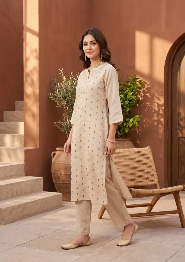Beige_Brown_Cotton_Threadwork_Straight_Kurta_With_Pant_Regular_And_Dupatta