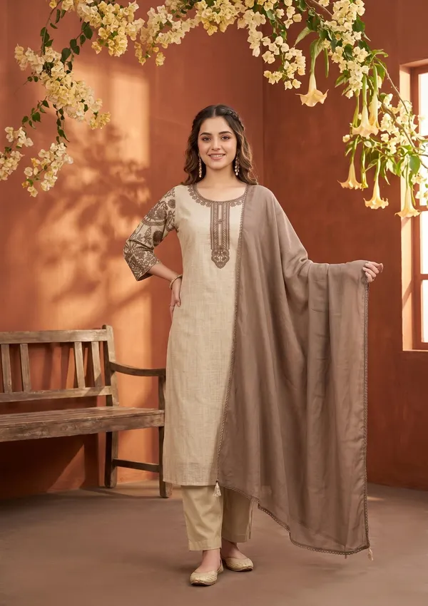 Beige_Light_Brown_Cotton_Threadwork_Straight_Kurta_With_Regular_Pant_And_Dupatta