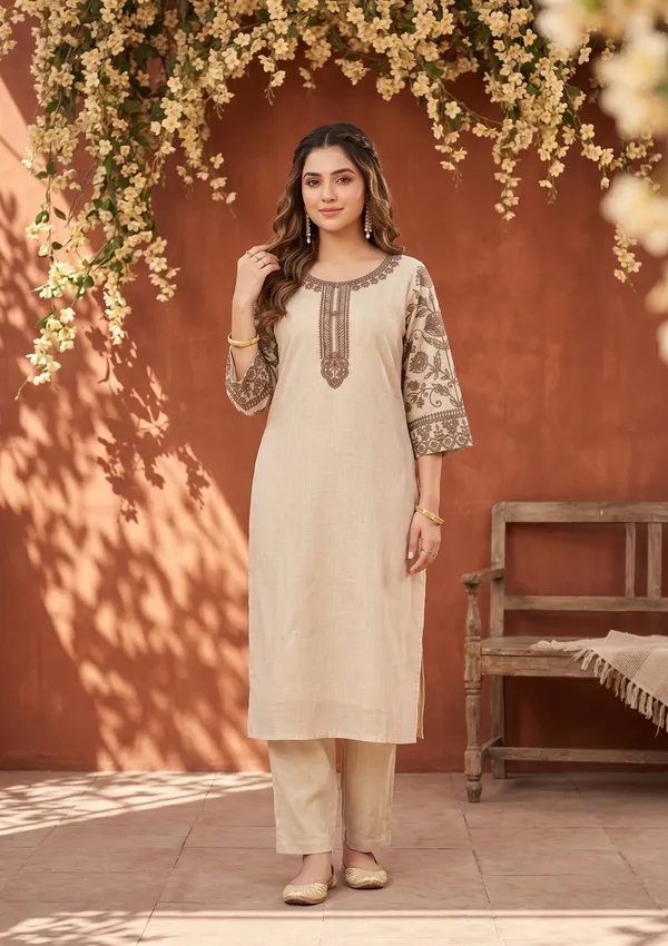 Beige_Light_Brown_Cotton_Threadwork_Straight_Kurta_With_Regular_Pant_And_Dupatta