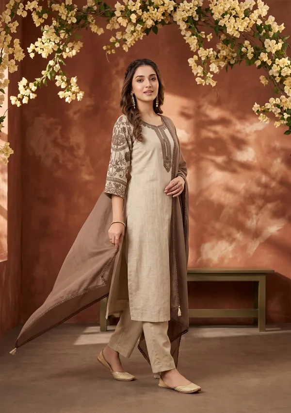 Beige_Light_Brown_Cotton_Threadwork_Straight_Kurta_With_Regular_Pant_And_Dupatta