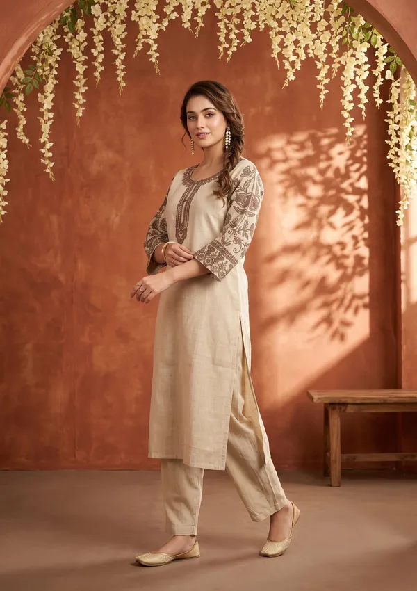 Beige_Light_Brown_Cotton_Threadwork_Straight_Kurta_With_Regular_Pant_And_Dupatta