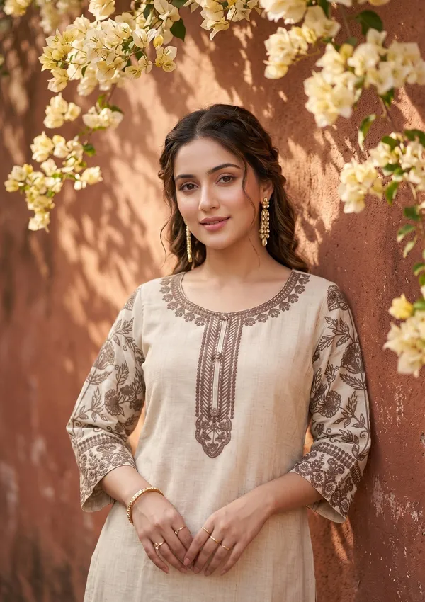 Beige_Light_Brown_Cotton_Threadwork_Straight_Kurta_With_Regular_Pant_And_Dupatta