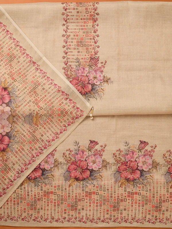 Beige_Threadwork_Linen_Unstitched_Salwar_Suit