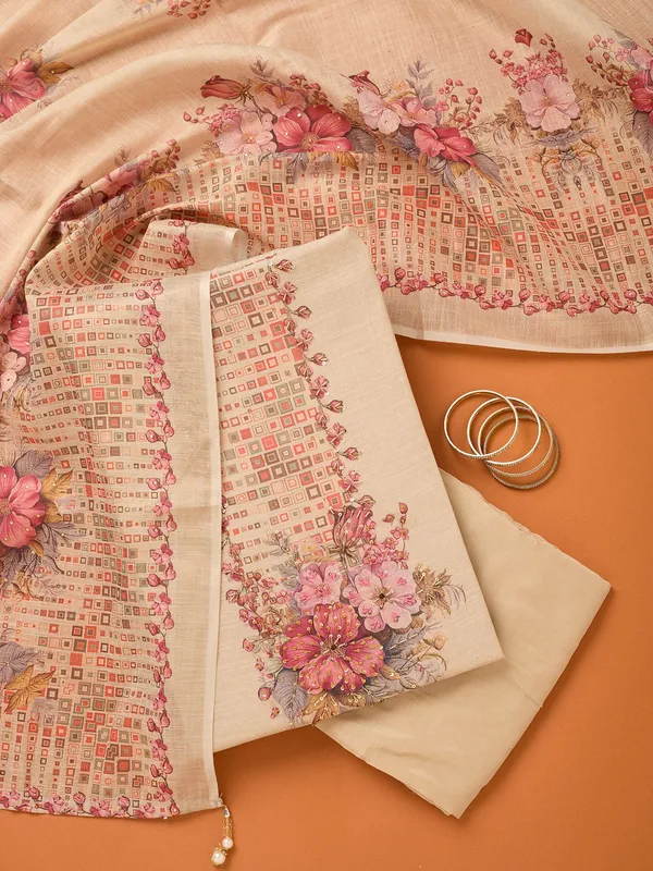 Beige_Threadwork_Linen_Unstitched_Salwar_Suit