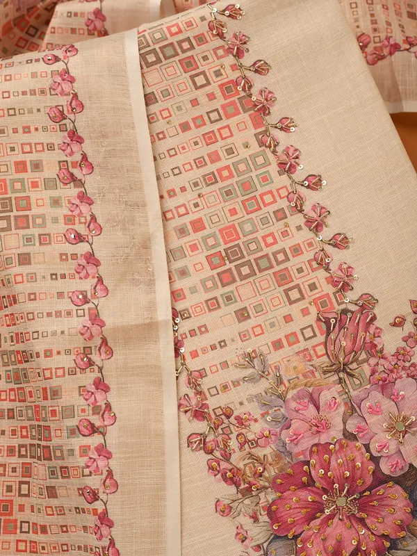 Beige_Threadwork_Linen_Unstitched_Salwar_Suit