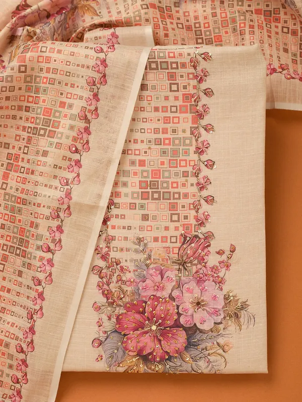 Beige_Threadwork_Linen_Unstitched_Salwar_Suit