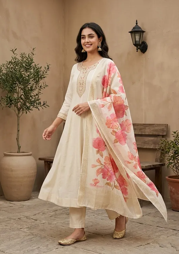 Cream_Soft_Raw_Silk_Silver_Zariwork_Anarkali_Kurta_With_Pant_Regular_And_Dupatta
